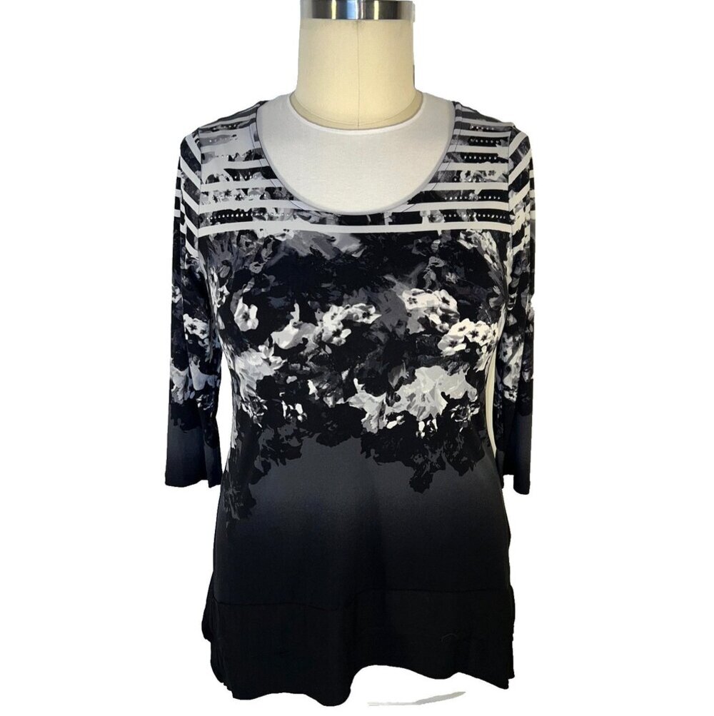 Style & Co - Womens L Tunic Top Stripe Floral Mix 3/4 Sleeve Sharkbite Hem